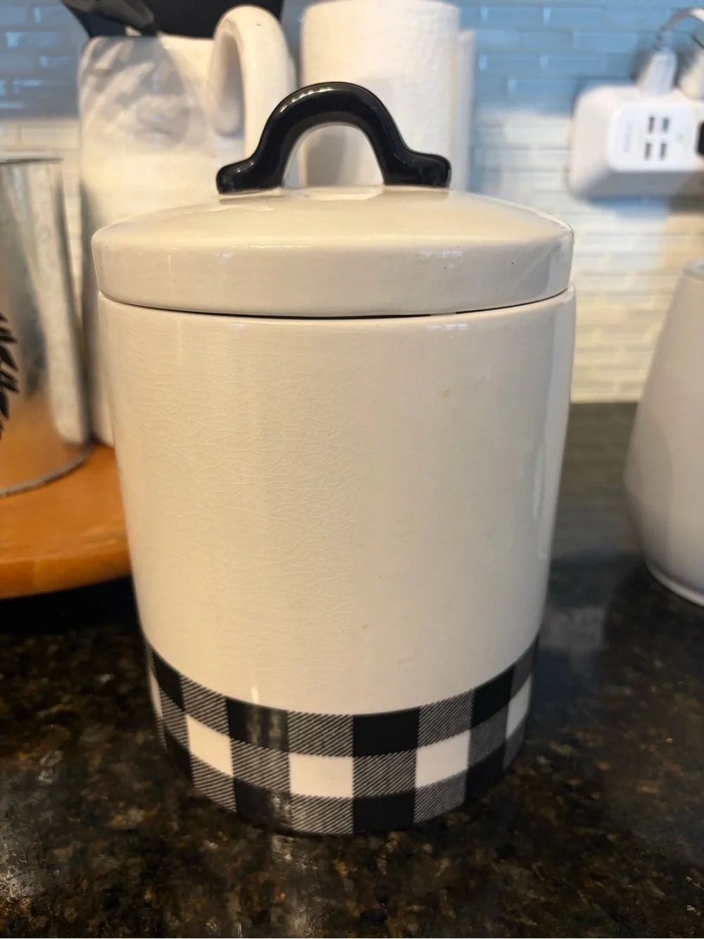 Ceramic Kitchen Canister with Black Buffalo Check Accent - White
